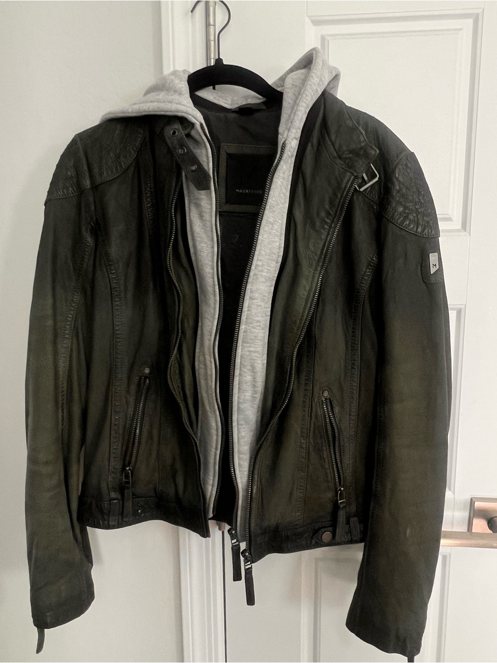 Green Leather Jacket with Gray Hooded Liner